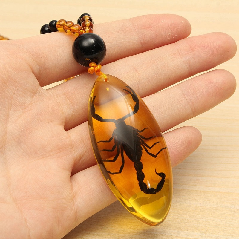 FD5097 Artificial Insects Amber Chinese Scorpion Inclusion in Pendant Necklace